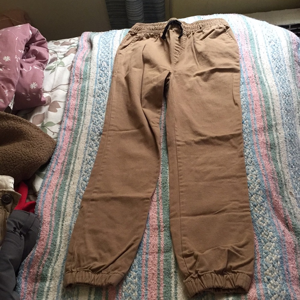 Khaki colored drawstring elastic waist pants